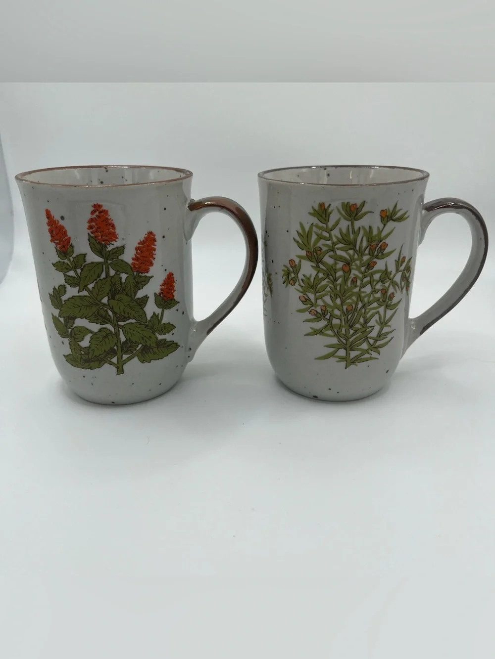 Vintage Takahashi Botanical Floral Herb Speckled Stoneware Mugs - Set of 2